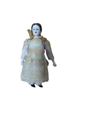 ANTIQUE China Doll Lace Ivory Dress & Black Boots RARE